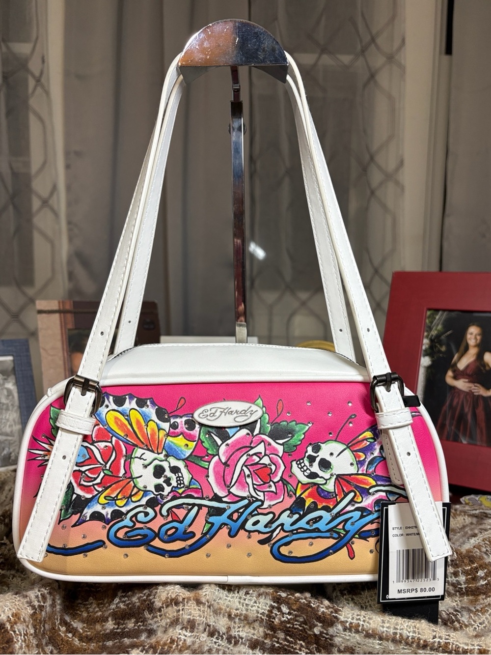 NEW Ed Hardy Y2K Tattoo Print Shoulder Bag White Hot Pink Gun Metal 11x5.5x4.7in